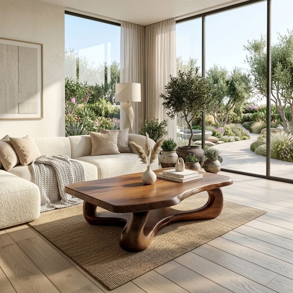 Organic wave wooden coffee table crafted from solid wood