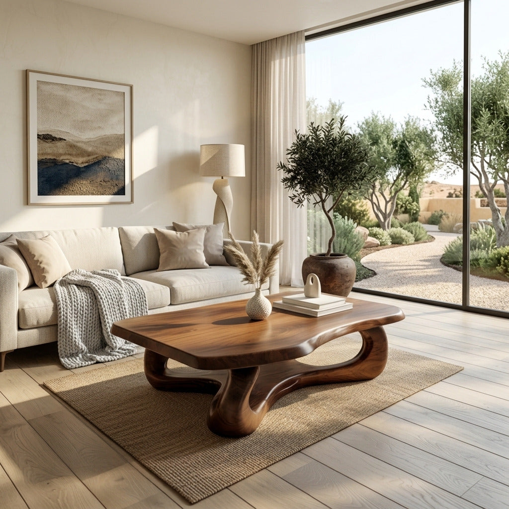 Sculptural solid wood wave coffee table in a modern living room