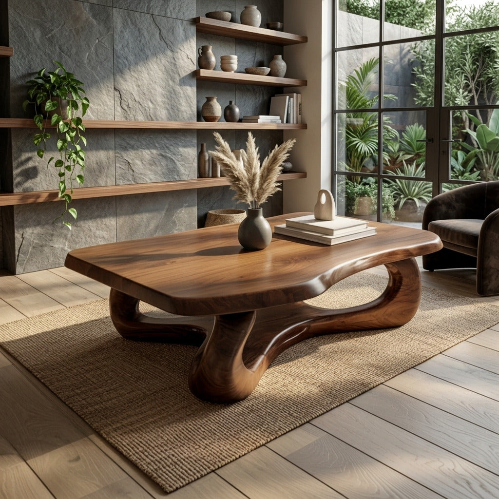 Contemporary solid wood coffee table with natural wood grain in a cozy home