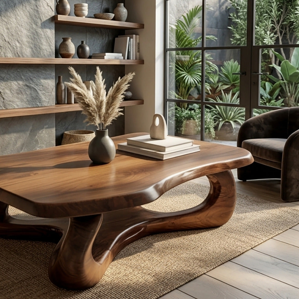 Sculptural Wave Living Room Coffee Table with Natural Wood Grain