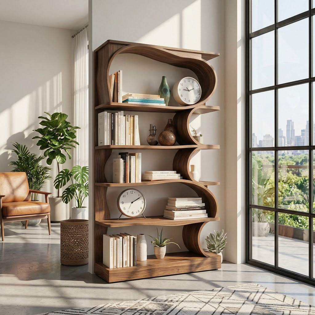 Sculptural wave freestanding bookshelf in solid wood