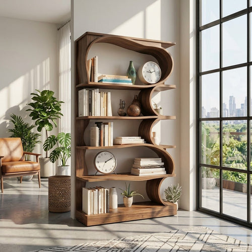 Sculptural Wave Solid Wood Freestanding Bookshelf with Asymmetric Open Storage