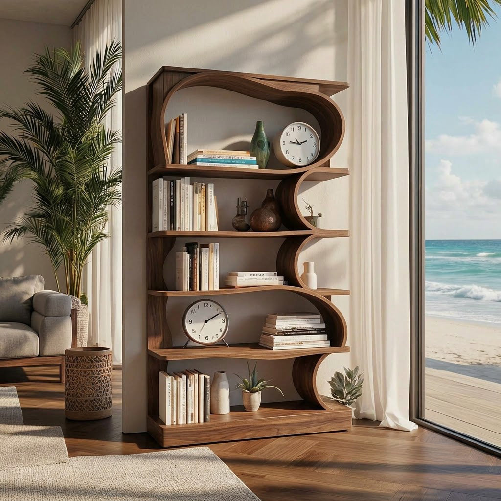 Sculptural wave solid wood freestanding bookshelf in a contemporary living room