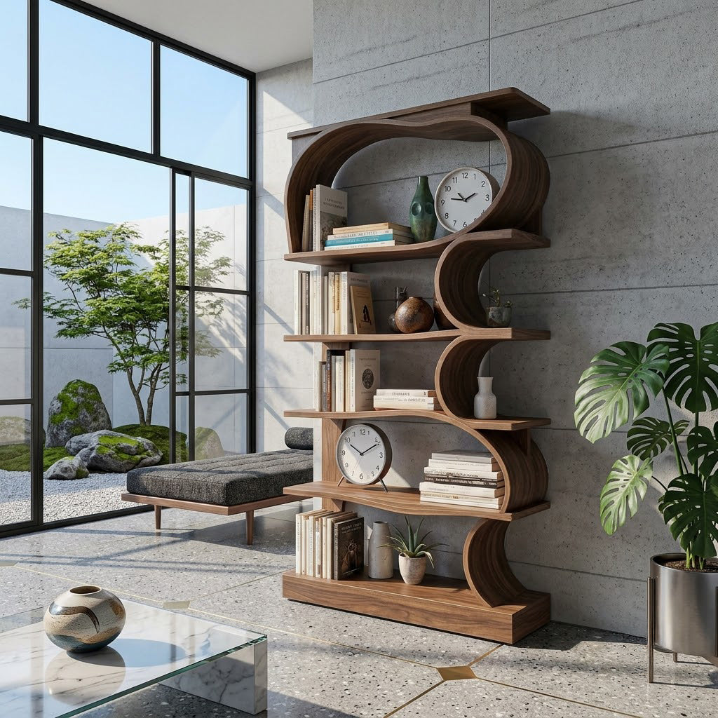 Solid wood asymmetric open storage bookcase styled in a modern reading nook