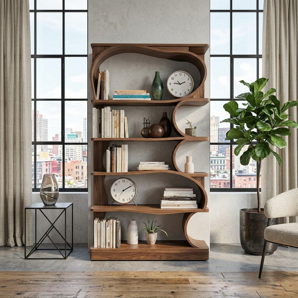 Wavy solid wood bookshelf showcased as a statement display piece
