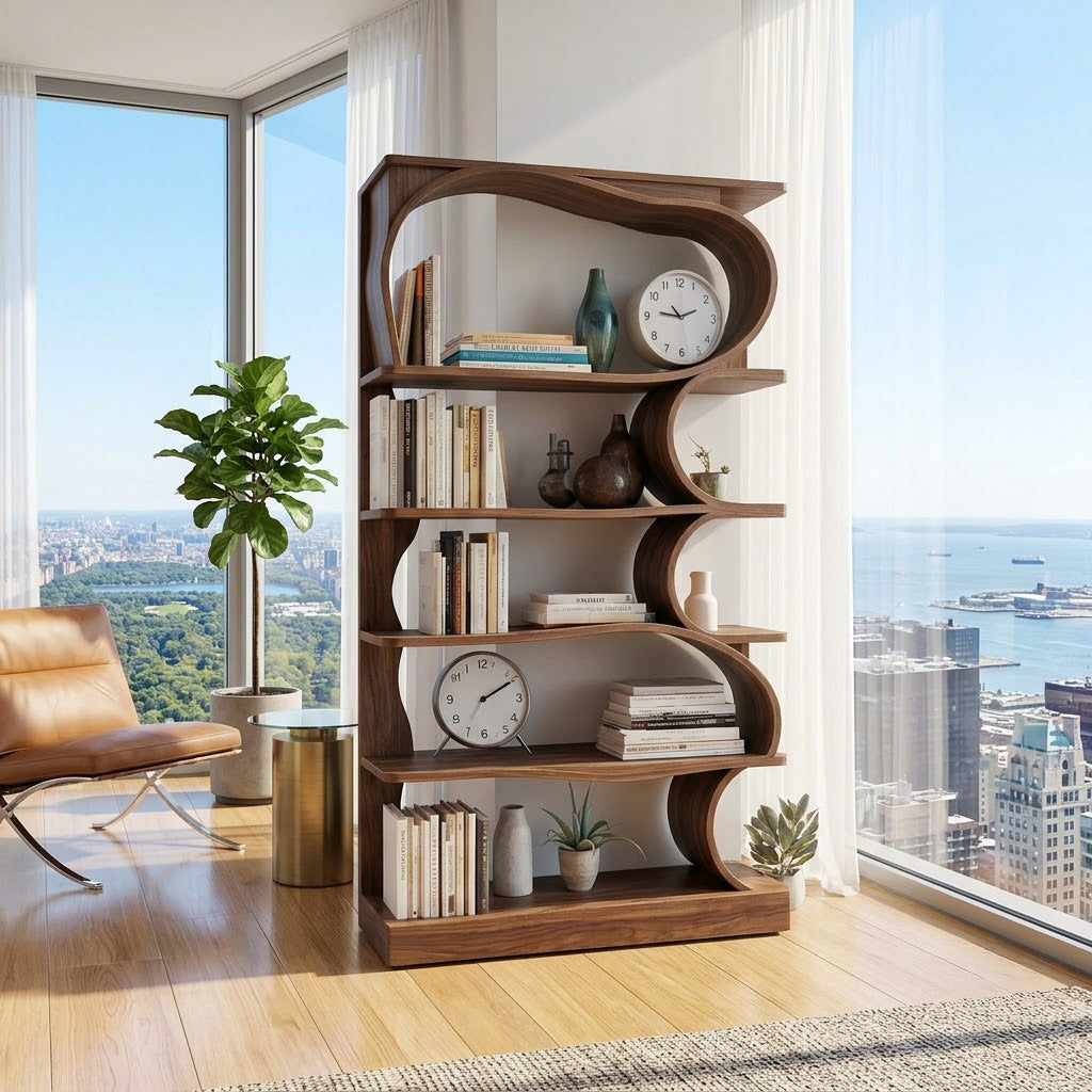 Asymmetric solid wood bookcase styled in an elegant modern interior