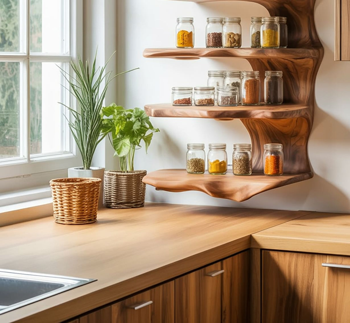 Organic wall-mounted spice rack styled in a modern kitchen with decorative jars and seasonings
