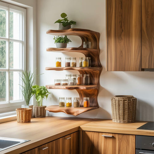 Sculptural Wave Spice Rack - Handcrafted Organic 5-Tier Wall Mounted Kitchen Shelf
