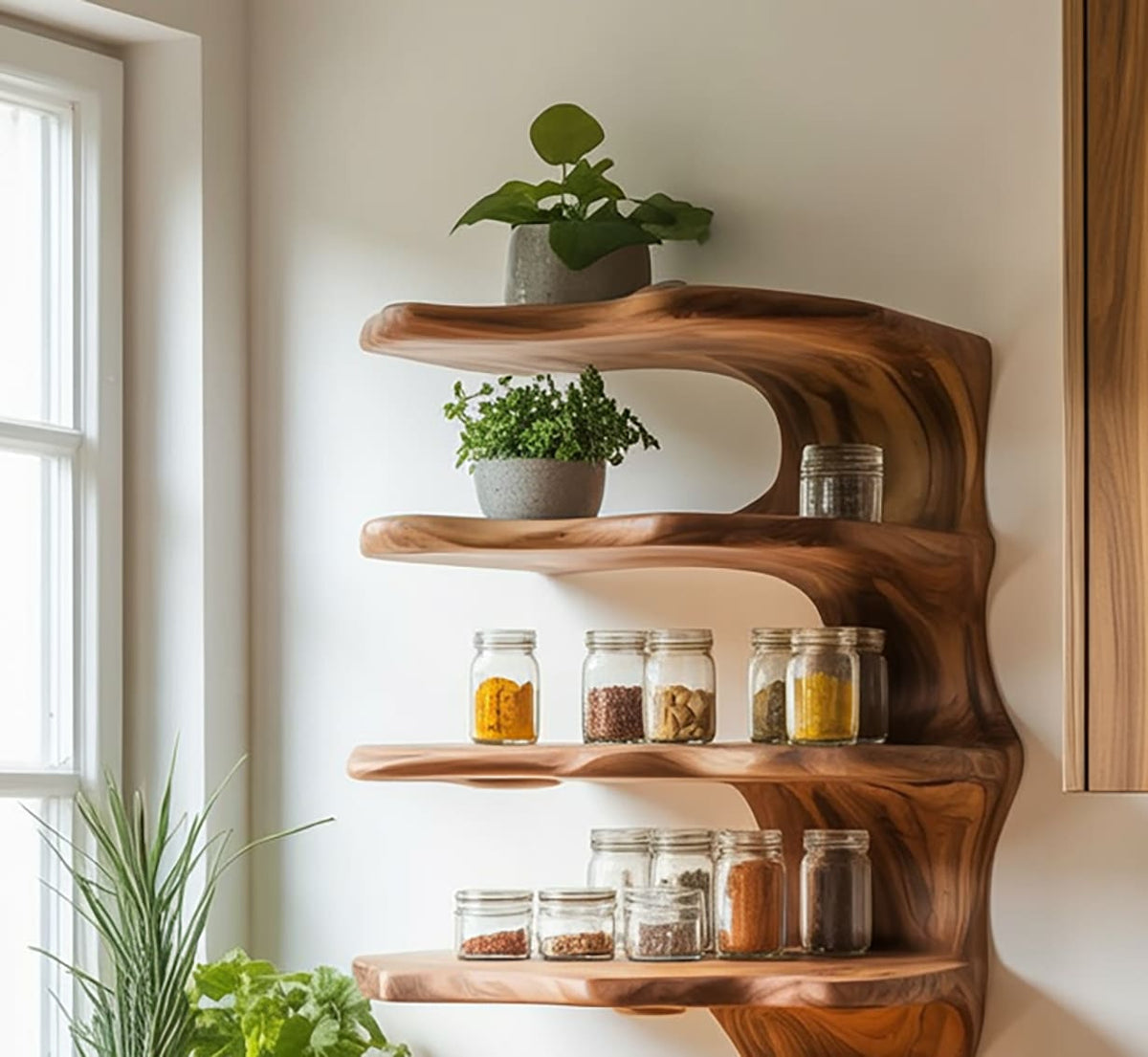 Solid wood spice rack featuring organic wave shelves and space-saving wall storage