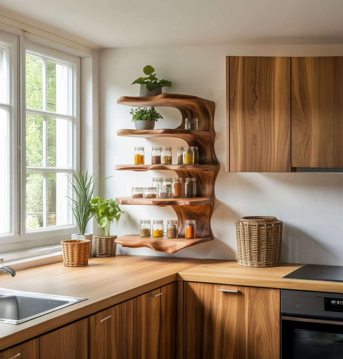 Handcrafted solid wood kitchen shelf displayed above a countertop in an organic modern kitchen
