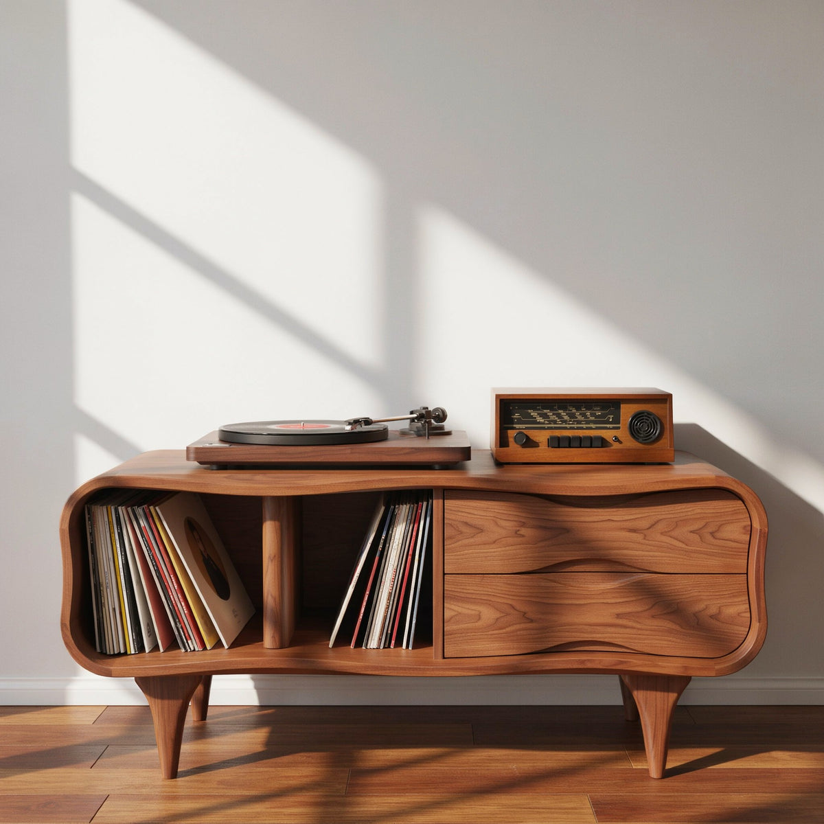 Sculptural wavy record player stand in solid wood
