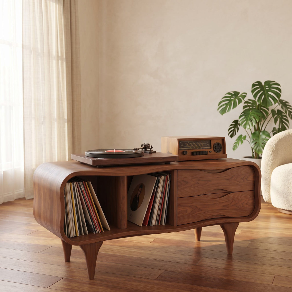 Sculptural wavy solid wood record player stand in a contemporary living room