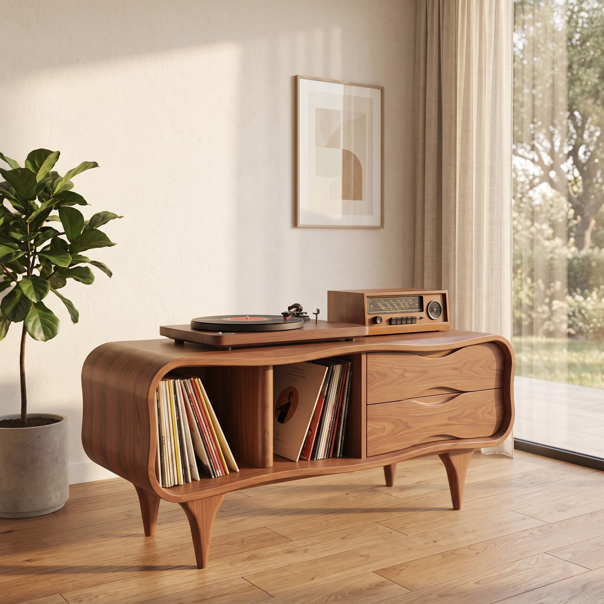 Organic solid wood wavy turntable stand displayed in a minimalist music space
