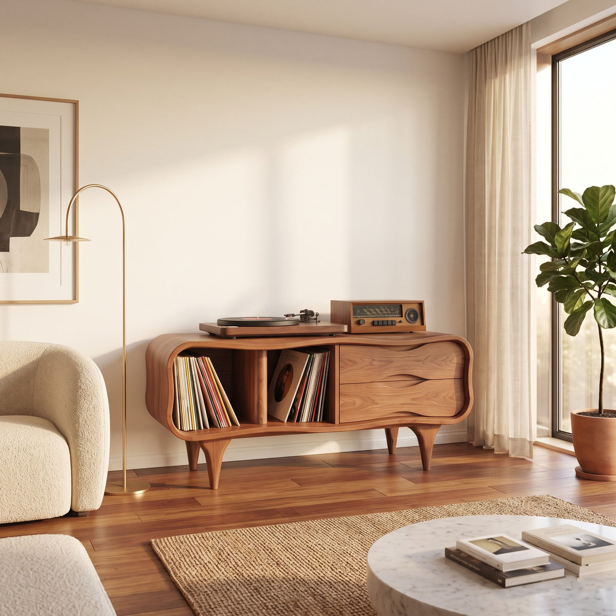 Sculptural solid wood turntable stand featured in a sophisticated home interior