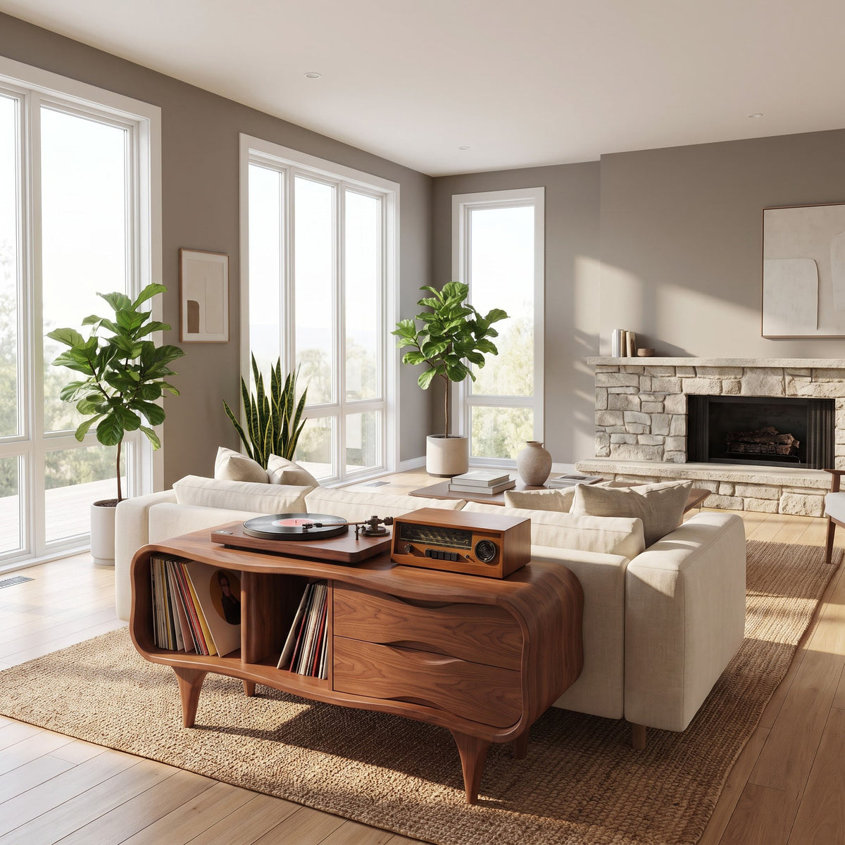 Vinyl storage solid wood console with drawers styled in an elegant listening area