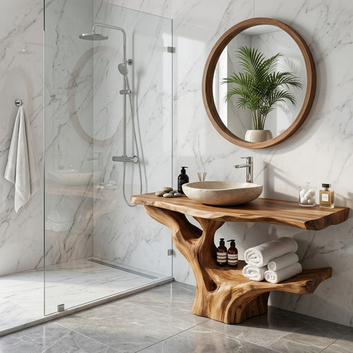Sculptural Wood Sink Cabinet For Tropical Powder Room