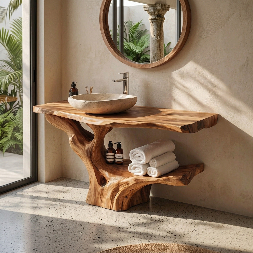 Organic hardwood sink cabinet enhancing a luxury bathroom