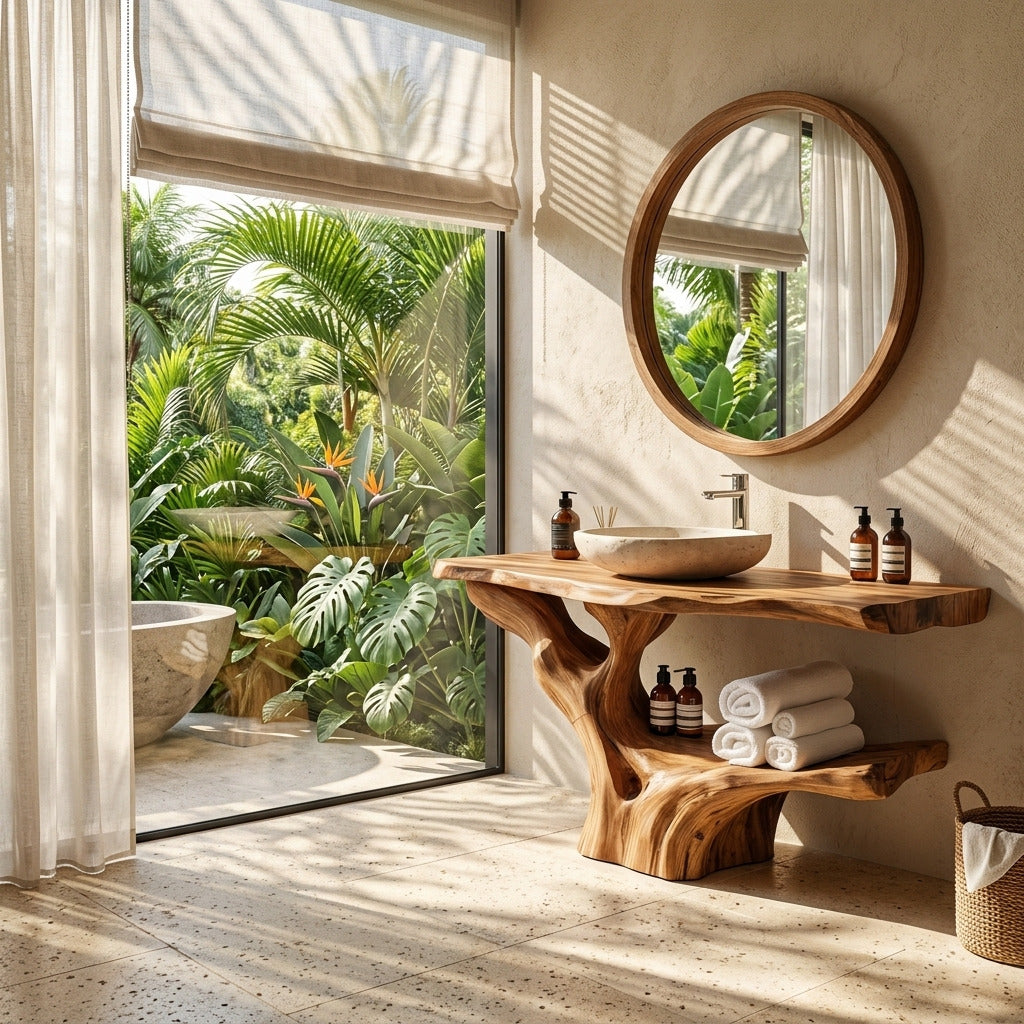 Organic hardwood sink cabinet enhancing a luxury bathroom