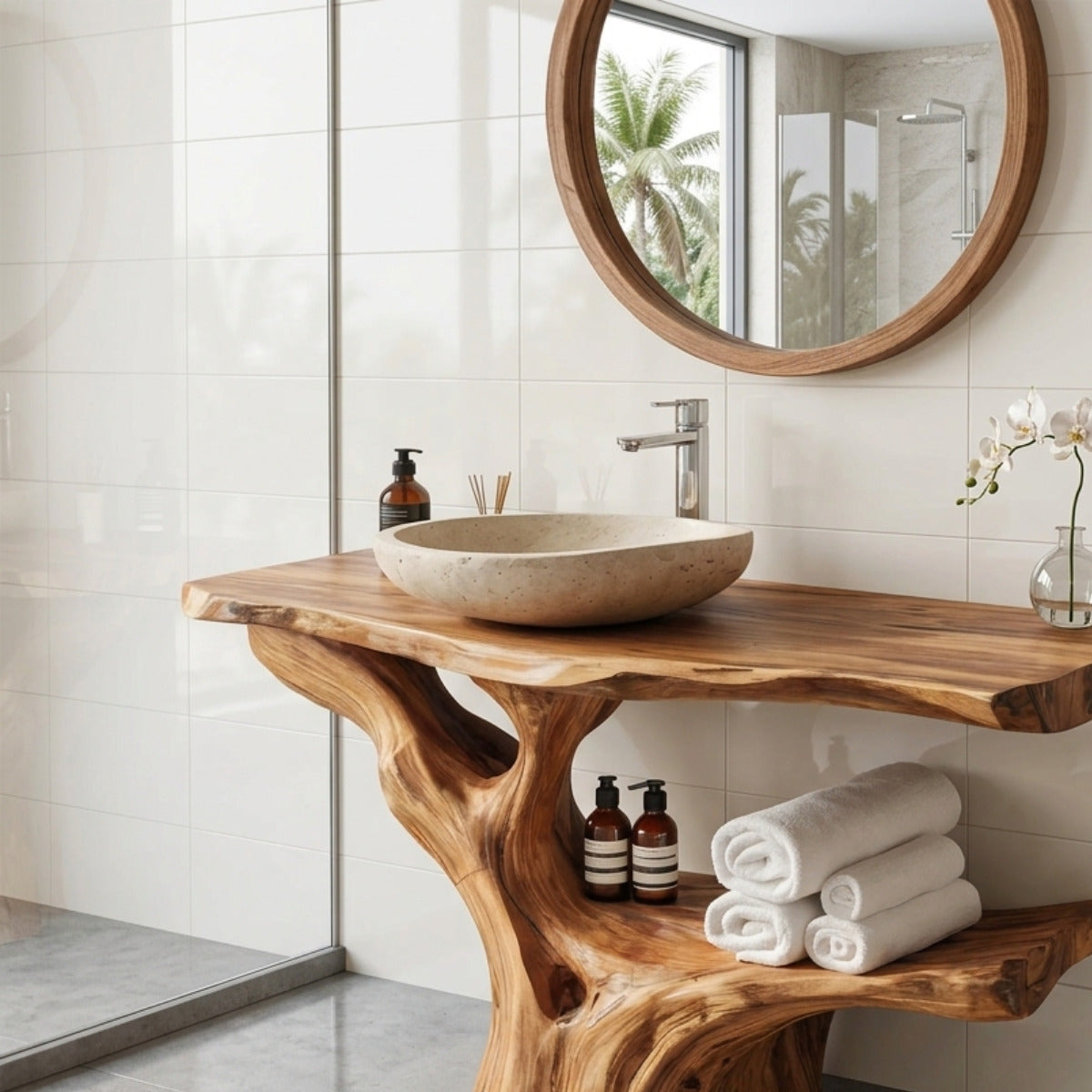 Organic wooden bathroom vanity in solid hardwood