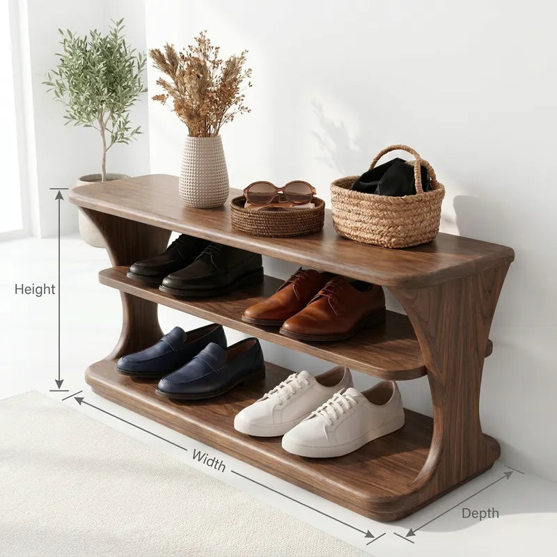 Sculptural 3-Tier Curved Solid Wood Entryway Shoe Bench & Storage Rack
