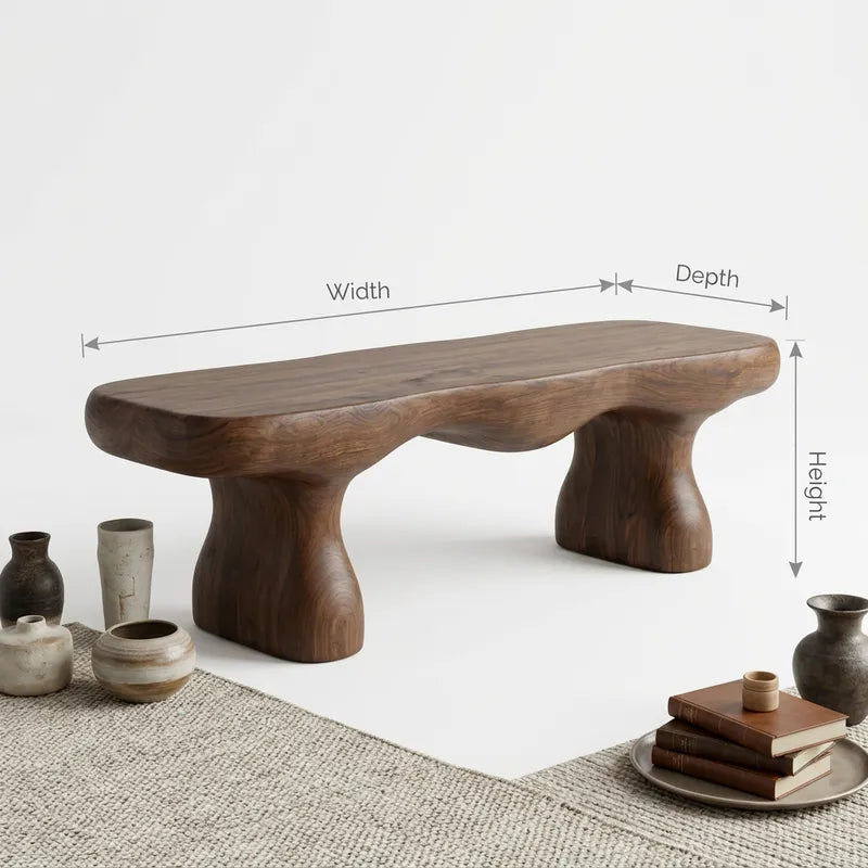Sculptural Chunky Solid Wood Bed-End Accent Bench & Low Table