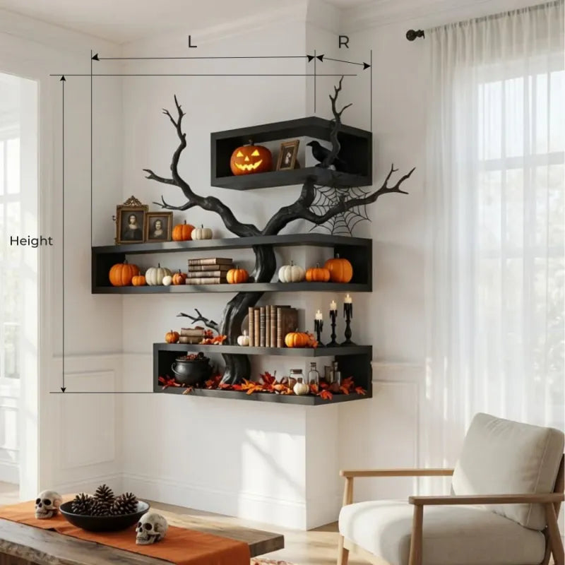 Sculptural Dark Tree Branch Solid Wood Halloween Corner Shelf