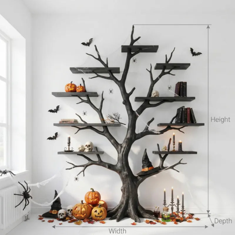Sculptural Dark Tree Branch Solid Wood Halloween Wall Shelf