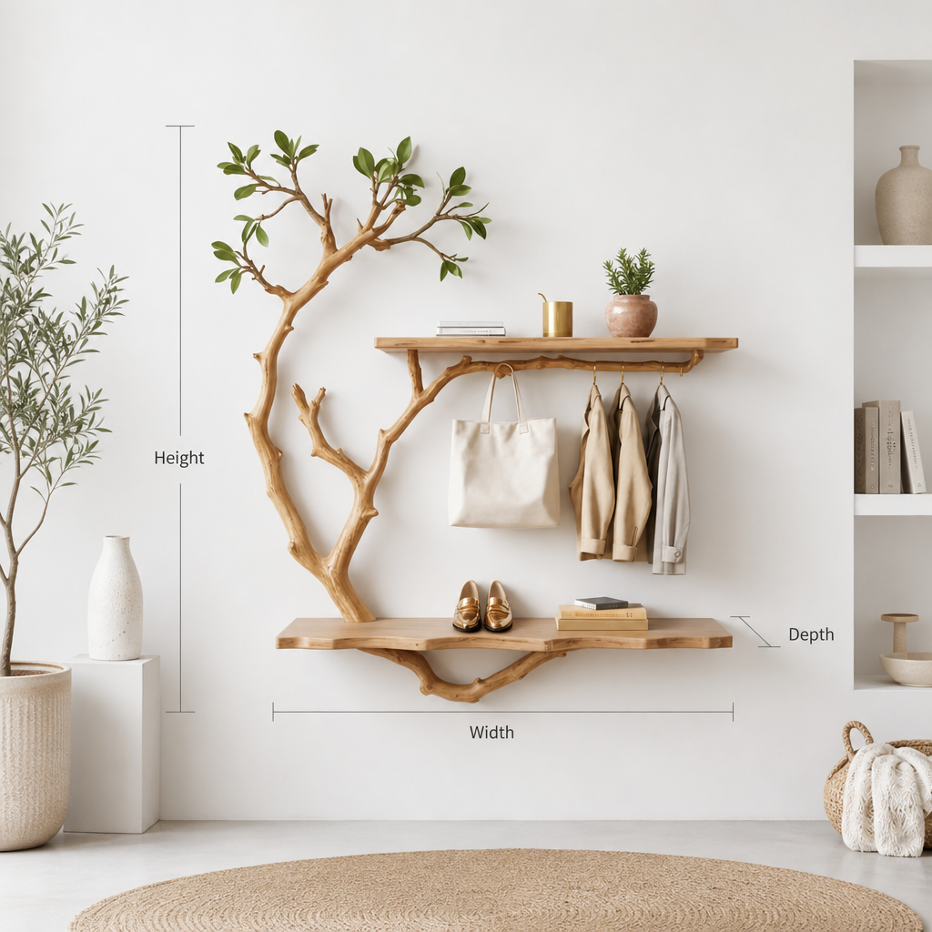 Organic modern wall tree shelf styled on an accent wall