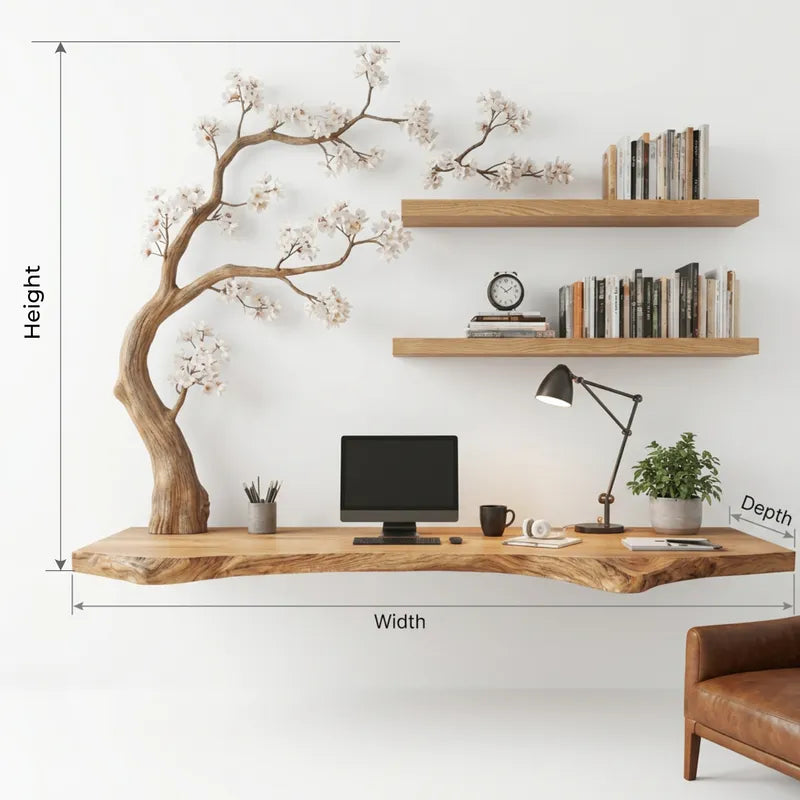 Sculptural Floating Live Edge Solid Wood Desk with Carved Blossom Branch Wall Unit