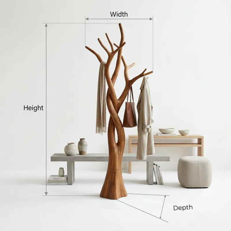 Sculptural Hand-Carved Intertwined Solid Wood Tree Coat Rack & Freestanding Branch Garment Stand