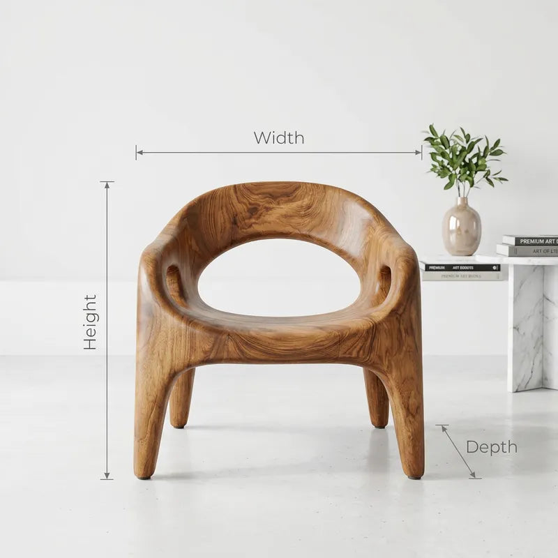Sculptural Hand-Carved Monolithic Solid Wood Accent Chair & Biomorphic Lounge Chair