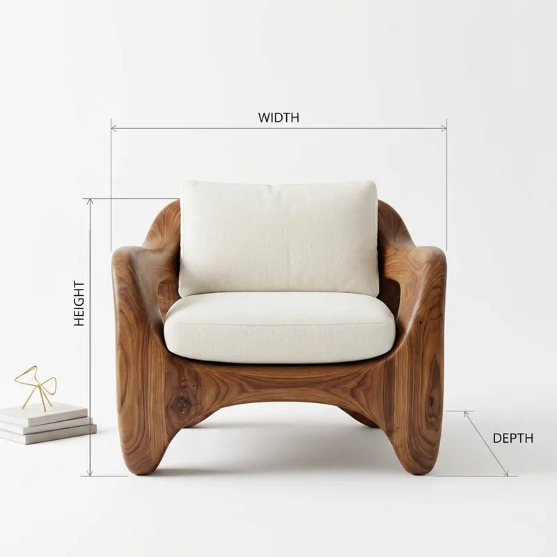Sculptural Hand-Carved Monolithic Solid Wood Armchair Frame & Biomorphic Accent Chair