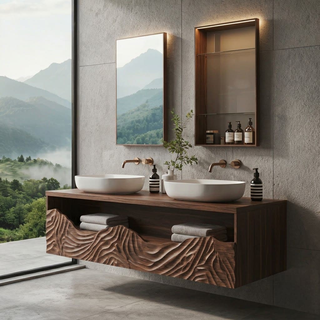 Sculptural hand-carved bathroom vanity crafted from solid wood with a mountain wave design