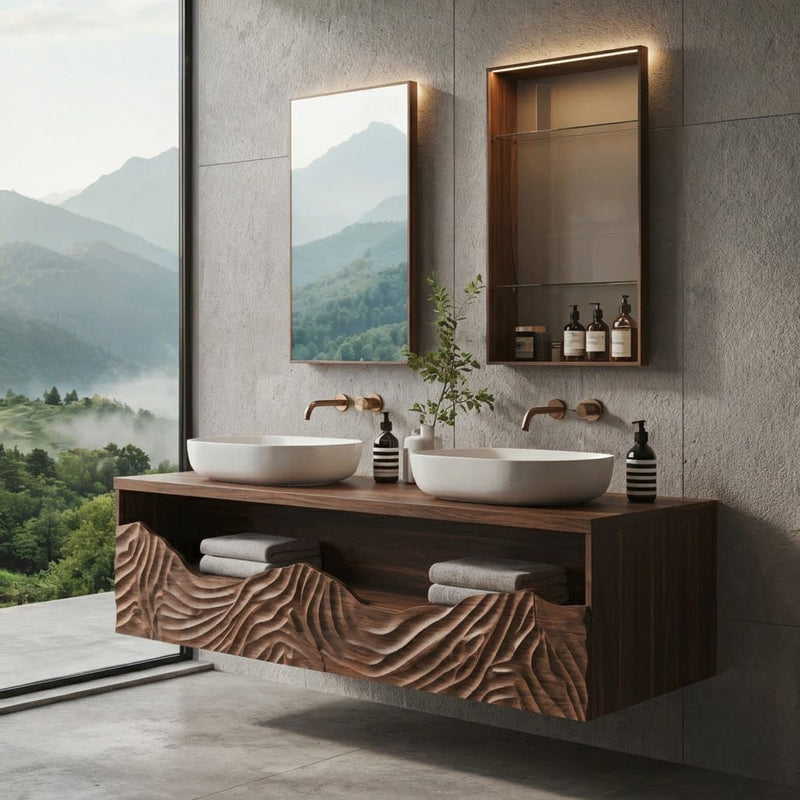 Sculptural hand-carved bathroom vanity crafted from solid wood with a mountain wave design