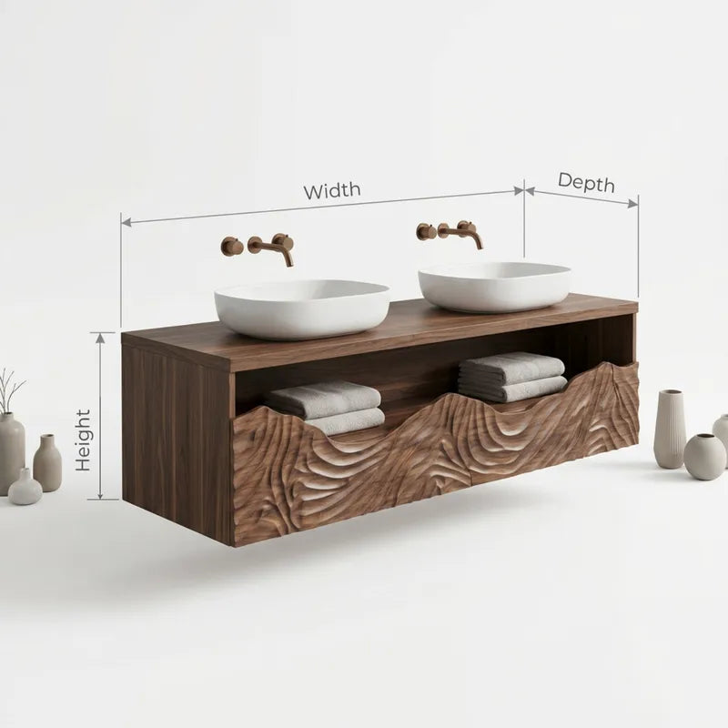Sculptural Hand-Carved Mountain Wave Solid Wood Floating Bathroom Vanity