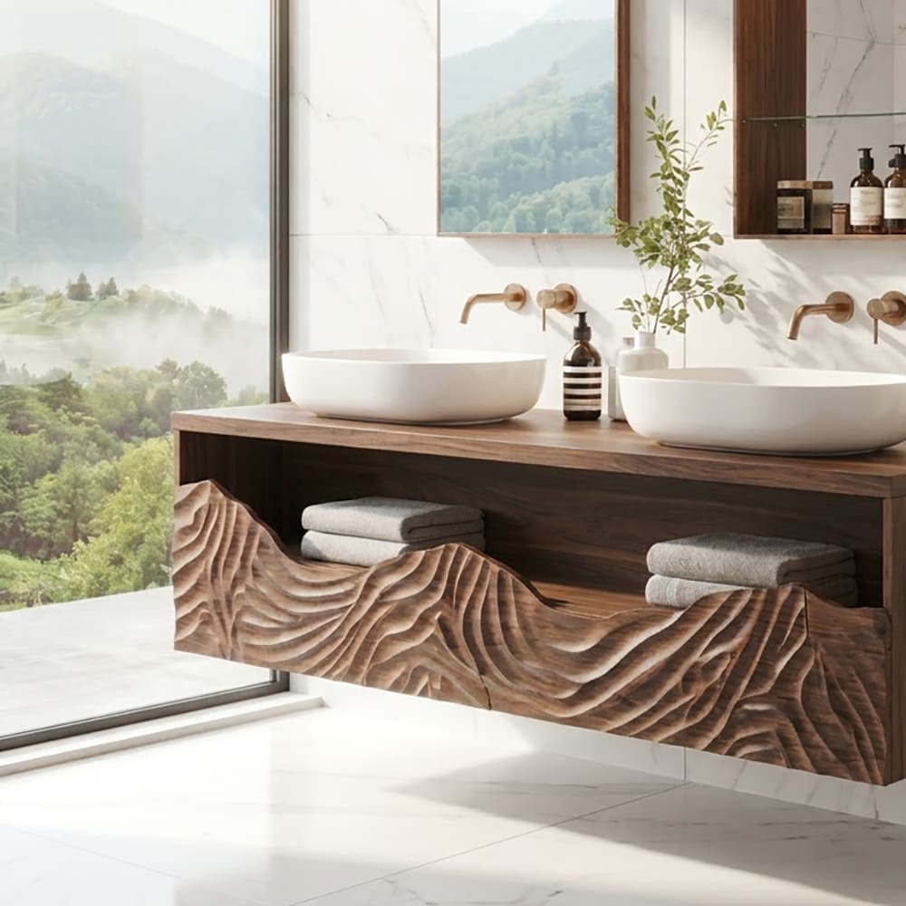 Hand-carved solid wood floating bathroom vanity with sculptural mountain wave detailing