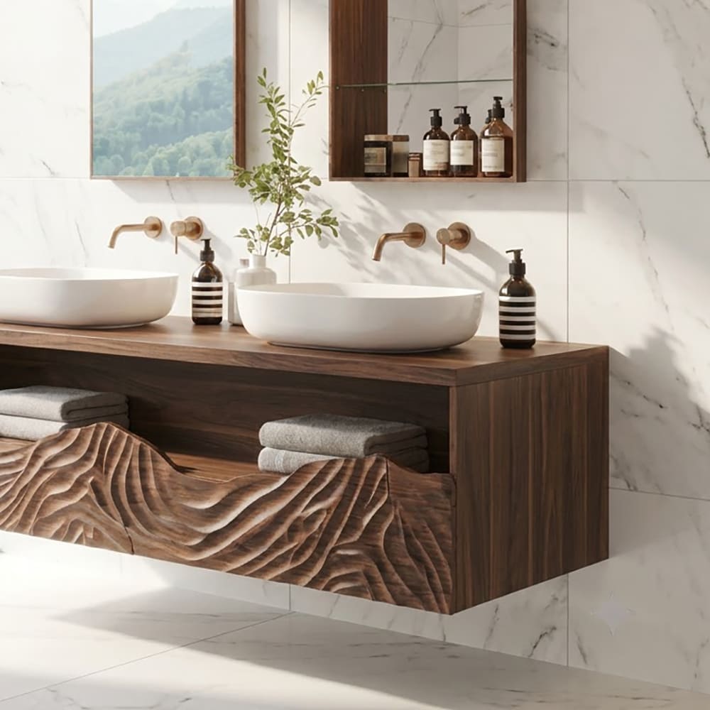 Sculptural solid wood floating vanity featuring an intricate hand-carved wave pattern