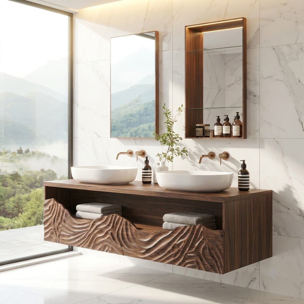 Sculptural hand-carved solid wood floating bathroom vanity with mountain wave detailing for modern bathrooms