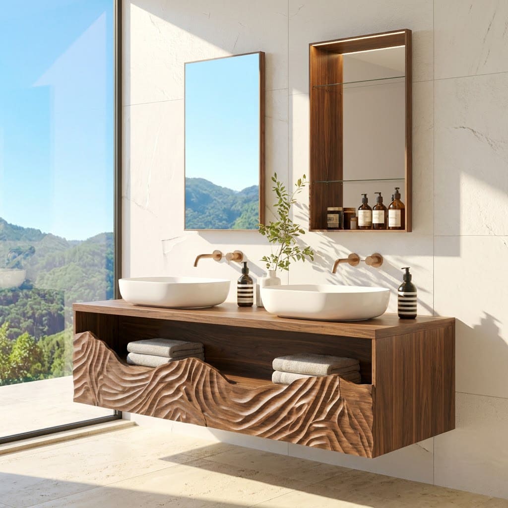 Hand-carved solid wood floating vanity with a mountain wave design for contemporary bathroom interiors