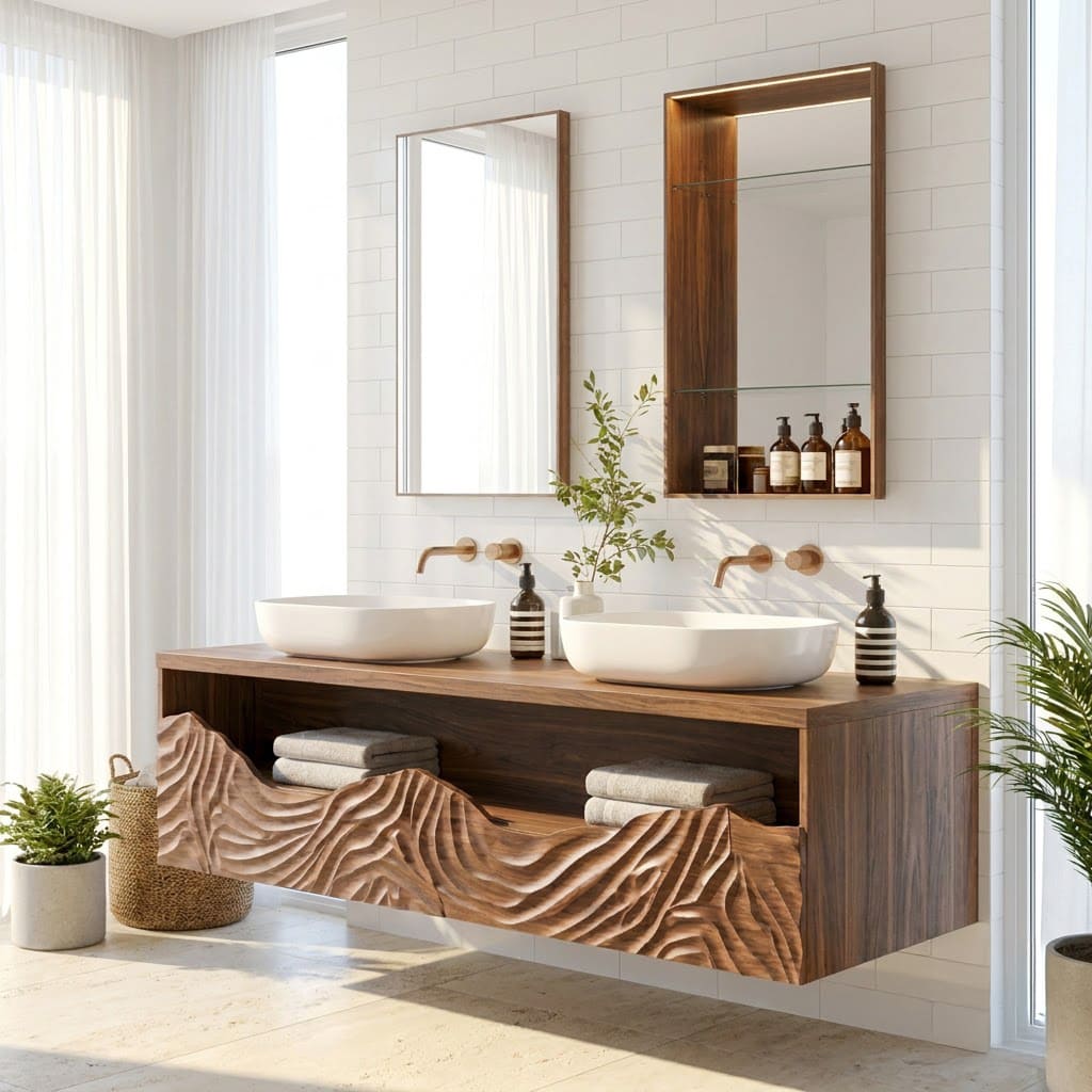 Sculptural solid wood bathroom vanity with intricate mountain wave carving for stylish modern spaces