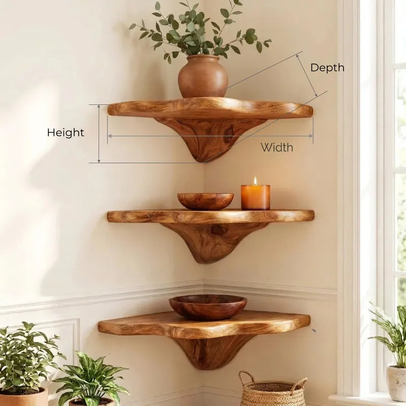 Sculptural Hand-Carved Mushroom Solid Wood Corner Floating Shelf & Biomorphic Wall Display Ledge