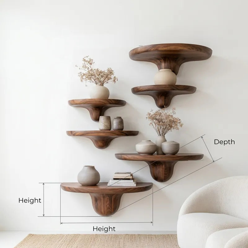 Sculptural Hand-Carved Mushroom Solid Wood Floating Shelves & Biomorphic Wall Display Ledges