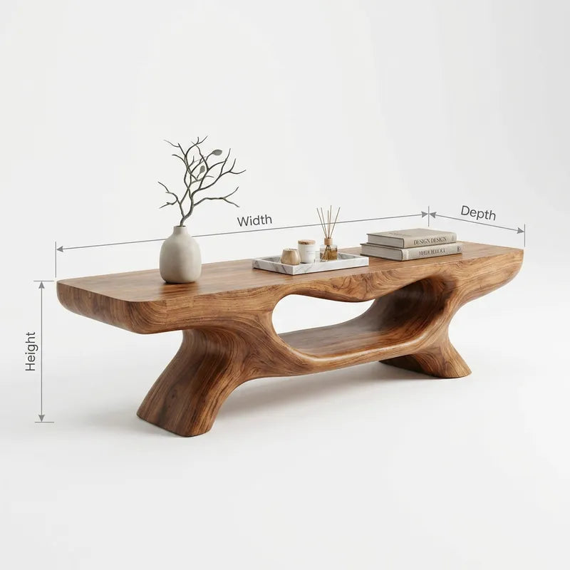 Sculptural Hand-Carved Organic Solid Wood Entryway Shoe Bench with Storage Cavity