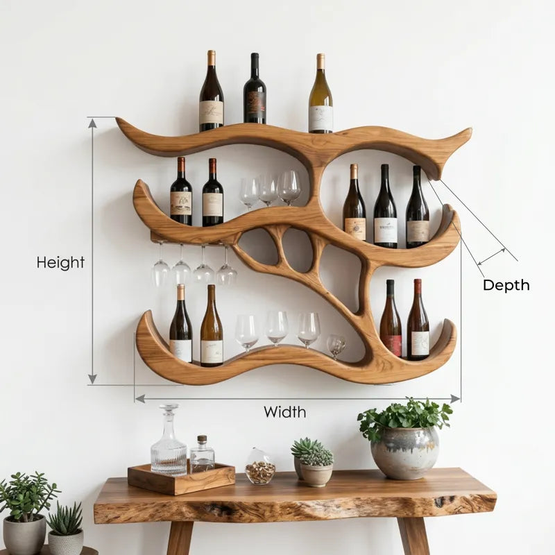 Sculptural Hand-Carved Organic Solid Wood Wall Wine Rack with Stemware Glass Holder