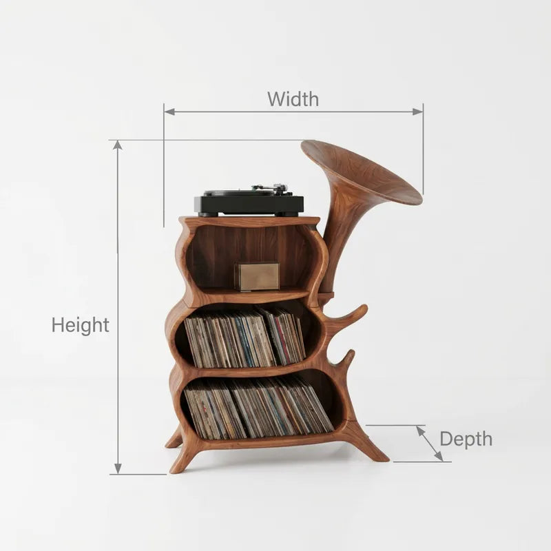 Sculptural Hand-Carved Solid Wood Gramophone Record Player Cabinet & Vinyl Console
