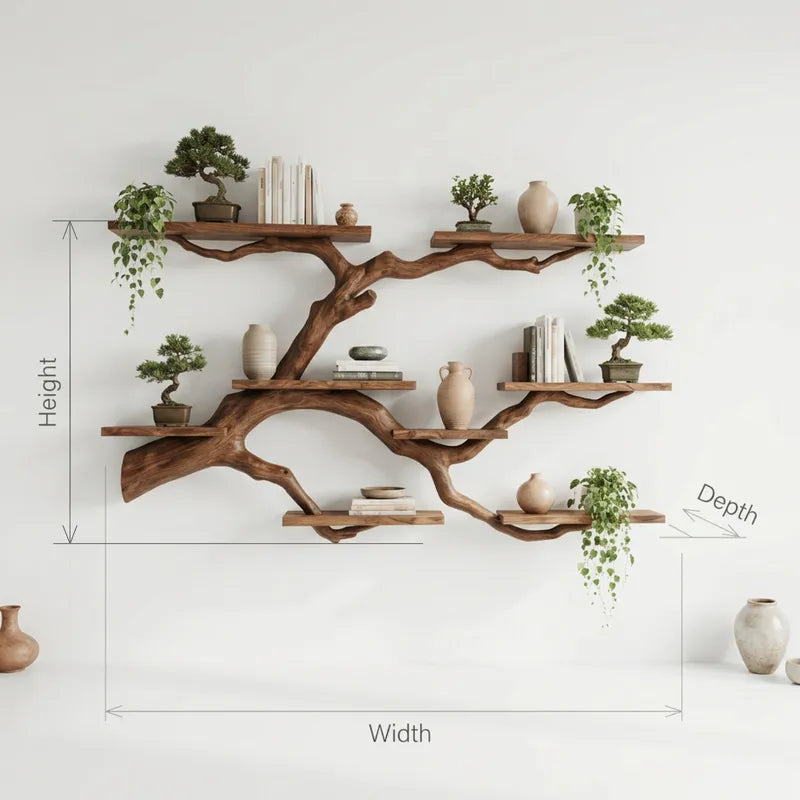 Sculptural Hand-Carved Solid Wood Tree Branch Floating Wall Shelf System