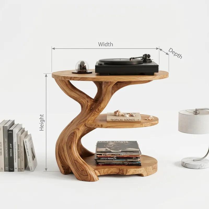 Sculptural Hand-Carved Solid Wood Tree Branch Record Player Stand