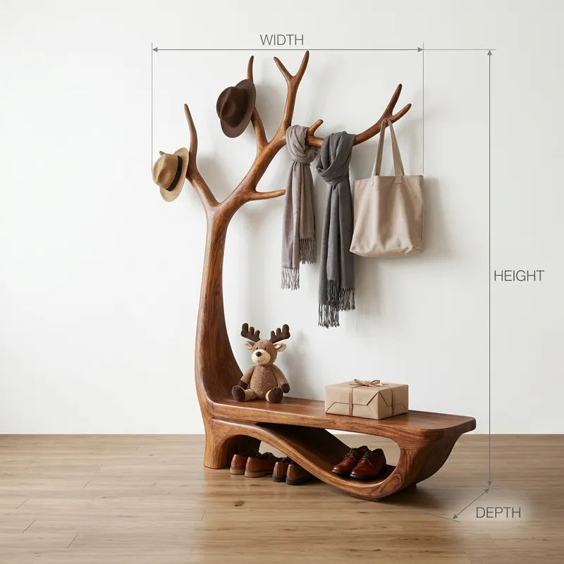 Sculptural Hand-Carved Solid Wood Tree Entryway Bench & Branch Coat Rack with Integrated Shoe Shelf