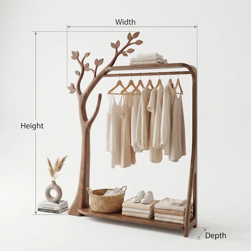 Sculptural Hand-Carved Solid Wood Tree Hanger & Standing Wardrobe Clothing Rack