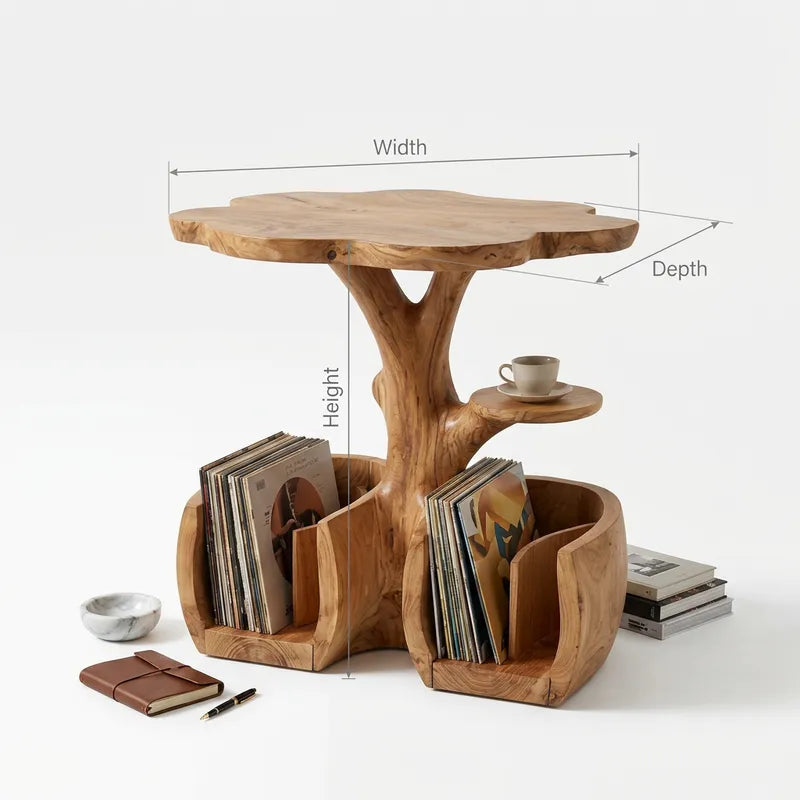 Sculptural Hand-Carved Solid Wood Tree Trunk Record Player Table & Vinyl Storage Console